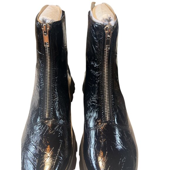 The Daarling Black Patent Combat Boots With Front Zipper Closure & Chunky Sole - Picture 1 of 7
